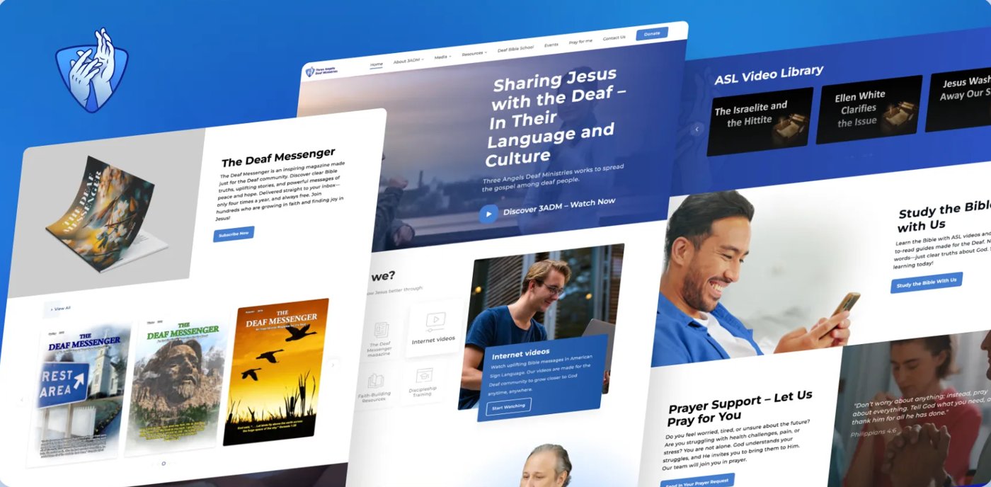 Pages of the Three Angels Deaf Ministries website: home, ASL video library, Bible study and the Deaf Messenger