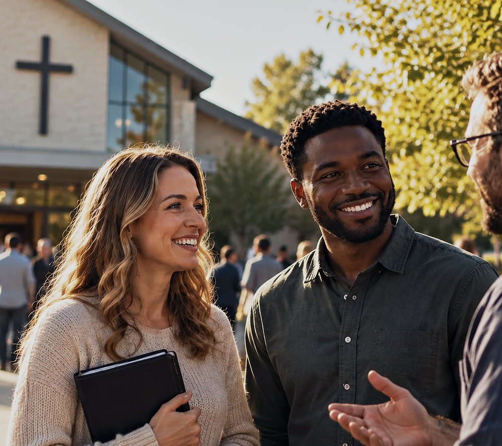 Friends talking outside a church on a sunny afternoon