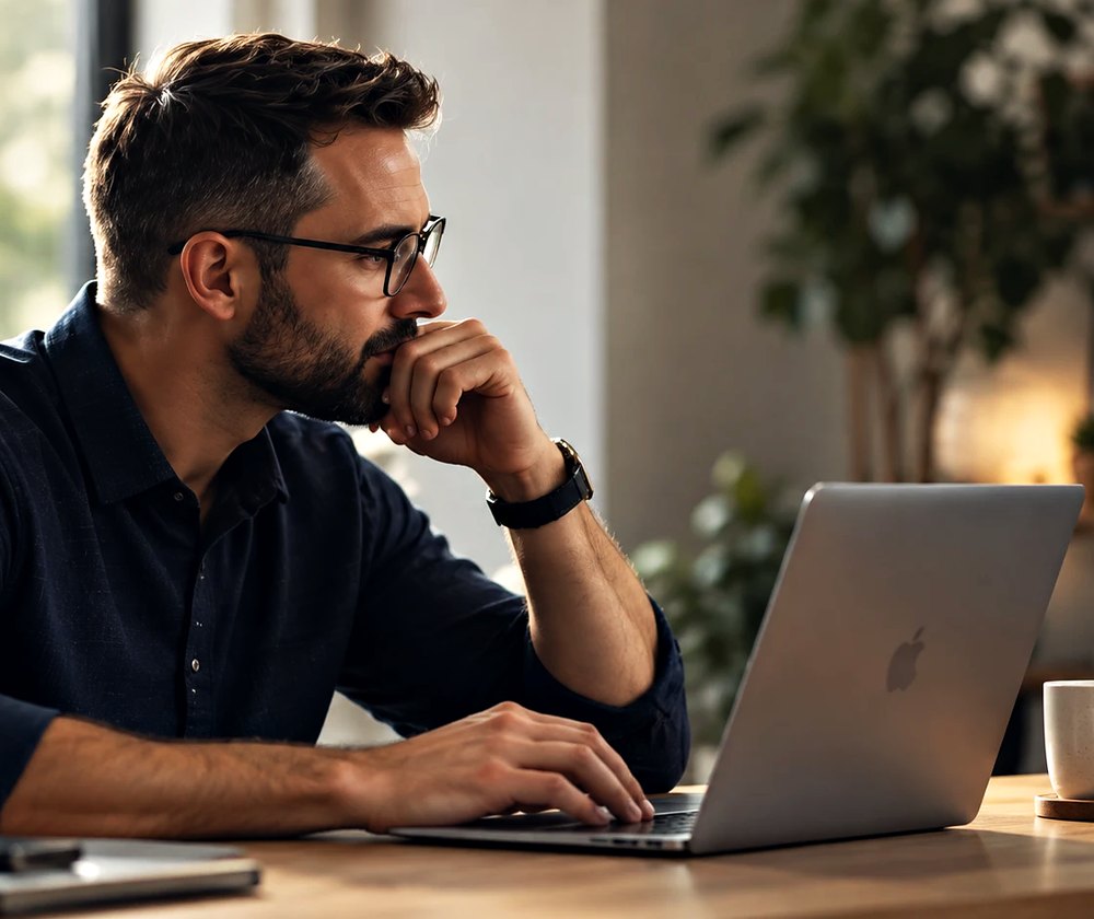 A ministry leader thinking over a project at his laptop