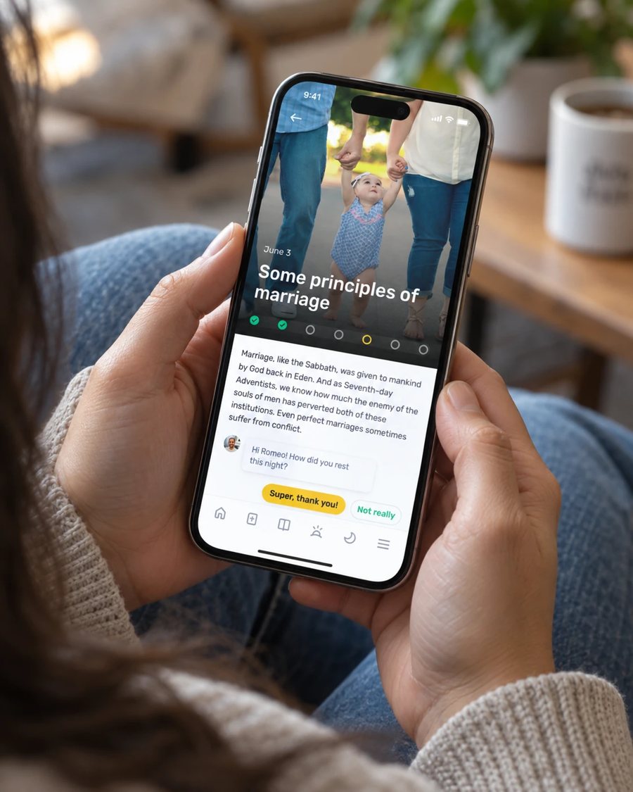 The Sabbath School app open on a phone, showing a daily lesson